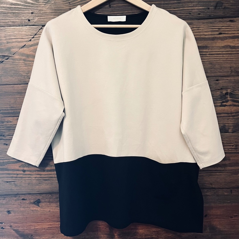 NOEN Colorblock Tunic Top Women 14 Cream Black Scandi Quiet Luxury Mod Neutral